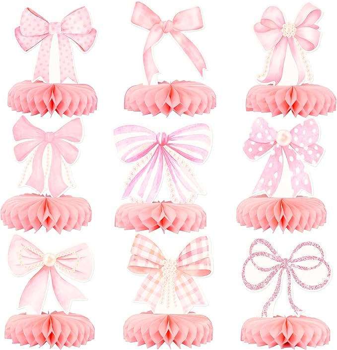 Gyufise 9Pcs Pink Bow Party Honeycomb Centerpieces Decorations Pink Bow Coquette Birthday Decorations Pink Bow Paper Coquette Party Supplies for Bridal Engagement Bachelorette Wedding Party Decor