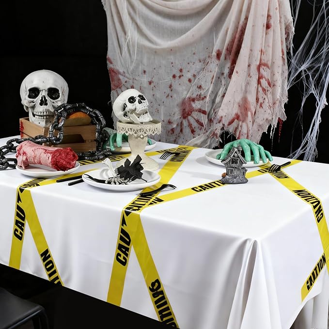 Irenare 3 Pcs Halloween Construction Birthday Party Supplies Disposable Plastic Caution Tape Construction Table Cloth Dump Truck Themed Table Cover Decoration for Halloween 54 x 108 in (White)