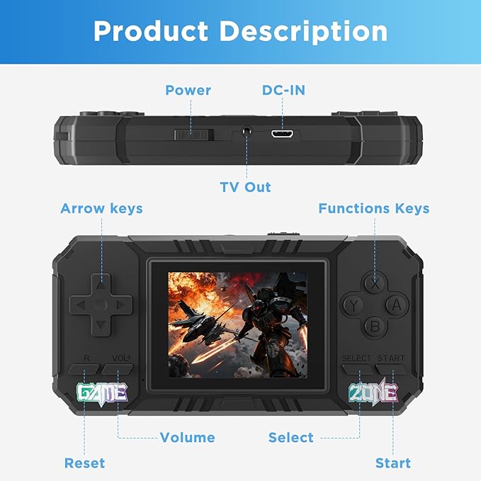 Handheld Portable Game Console, 520 Retro Video Games, 3.0 Inch LCD Screen and 1020mAh Battery Video Games, Portable Game Console Gift for Boys and Girls (Black)