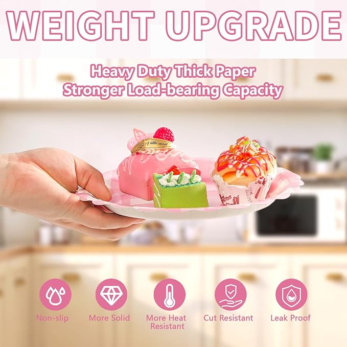 50Pcs Pink Gingham Paper Plates 9Inch Heavy Duty Pink White Scalloped Plaid Disposable Dessert Plates Checkered Party Decorations for Kids Baby Shower BBQ Birthday Bride Wedding Party Supplies