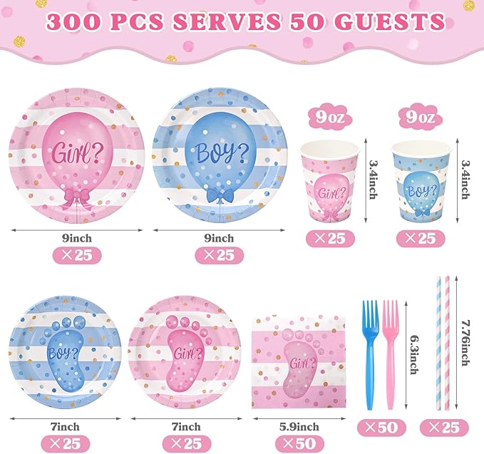 300Pcs Gender Reveal Plates and Cups and Napkins Sets with Forks and Straws, Party Supplies, Pink and Blue Plates, He or She Baby Gender Reveal Decorations, Boy or Girl (Serves 50)