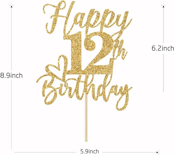Gold Glitter Happy Birthday Cake Topper, Funny Party Supplies for 12th Birthday
