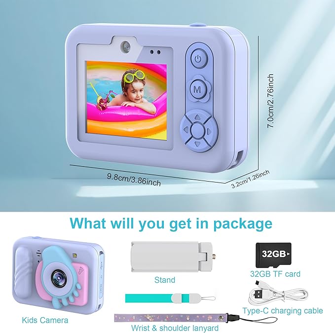 Kids Waterproof Digital Underwater Camera - 48MP HD 1080P Video, Dual Lens Selfie with Stand - Christmas Birthday Festival Gift for Ages Above 3 Girl Boy Child Toddler, Cartoon Cover, Blue