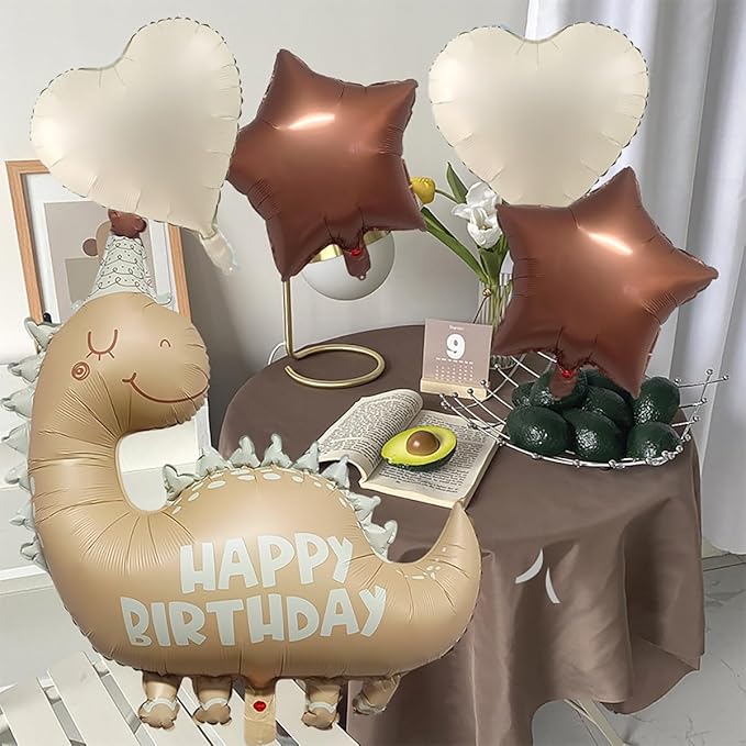 35''Nude Dinosaur Birthday Balloons &18''Brown Star Cream White Heart Foil Helium Balloon for Baby Shower Birthday Girl Boys Kids Dinosaur Theme Vintage Party Decorations Supplies 5Pcs
