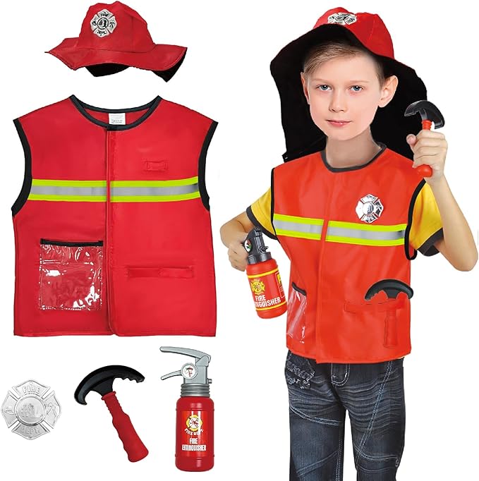 4 Sets Dress Up Clothes for Kids, Pretend Dress Up Trunk of Firefighter costume/Doctor/Policeman/Construction Worker Role Play Set with Realistic Accessories