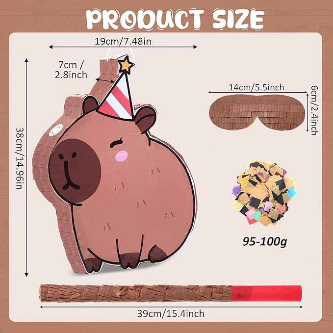 Christmas Capybara Piñata for Kids Birthday Party 15.7 x 10 x 2.8 Inches Xmas Candy Cane Cap Animal Piñata with Bat Blindfold and Confetti for Holiday Photo Props Decoration