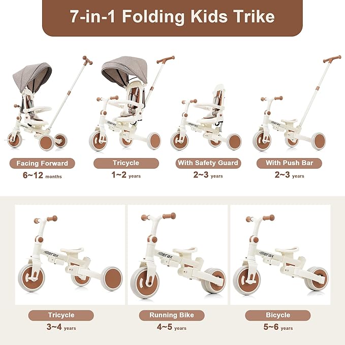 Merax 7-in-1 Foldable Toddler Tricycle Removable Pedal, Canopy and Guardrail Adjustable Push Handle