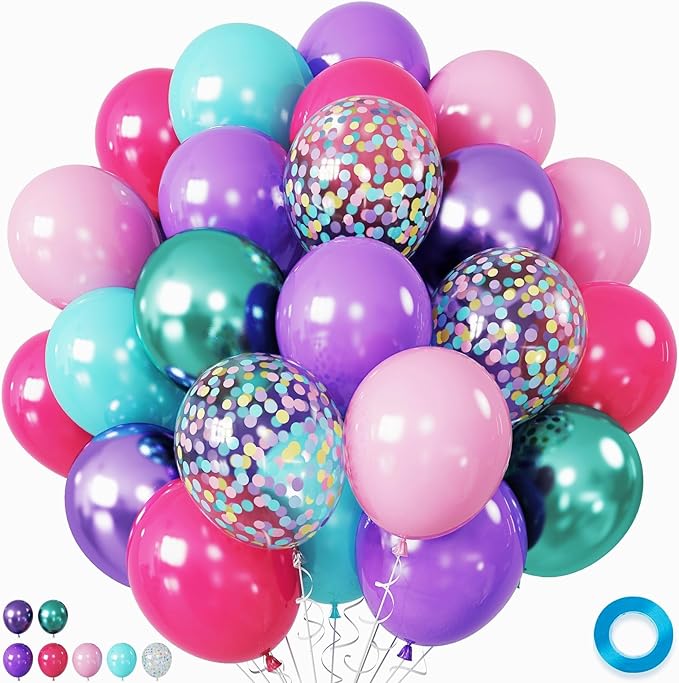 Hot Pink and Purple Balloons, 12 Inch Purple Pink Teal Blue Little Mermaid Balloons, Metallic Purple Green Confetti Balloons for Girls Under The Sea Party Balloons Pink and Purple Birthday Decorations