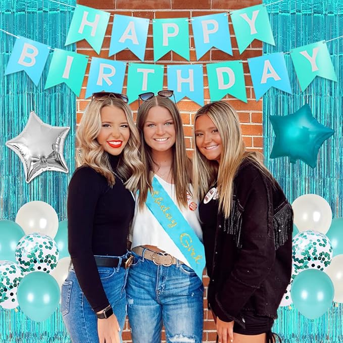21st Birthday Decorations for Women - Teal Happy Birthday Banner, Cake Topper, Girl Sash, Number 21 Foil Balloon, Finally Legal Themed Twenty One Party Supplies
