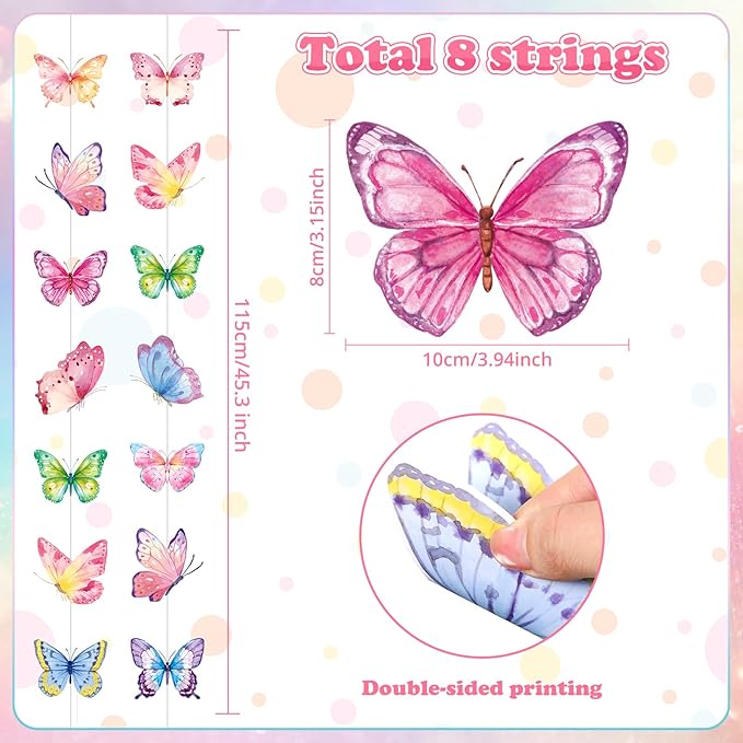 Capoda 8 Pcs Butterfly Birthday Garland Decoration Spring Butterfly Paper Garland Banners Hanging Decor for Home Wedding Bachelor Spring Birthday Party Supplies