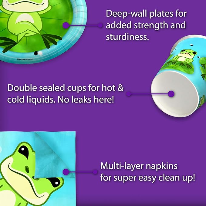 Frog Birthday Party Supplies Set Plates Napkins Cups Tableware Kit for 16