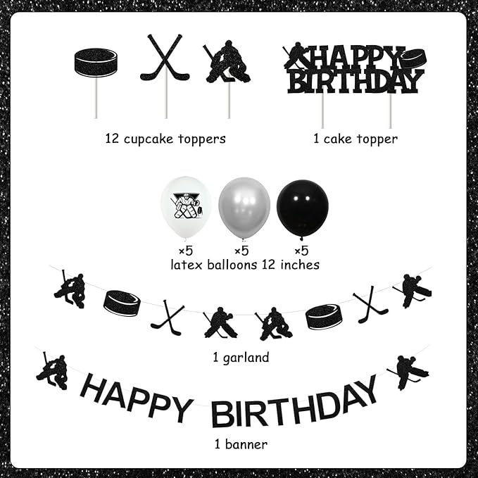 Ice Hockey Birthday Decorations for Boys Hockey Birthday Party Supplies with Ice Hockey Happy Birthday Banner Cupcake Cake Toppers Hockey Garland for Sports Birthday Party Supplies