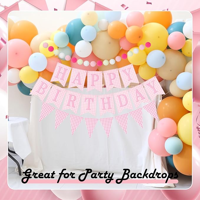 Set of 4 Pink Gingham Happy Birthday Banner Plaid Checkered Pennant Banner Decorations Felt Ball Happy 1st Birthday Garland for Gingham Party Supplies