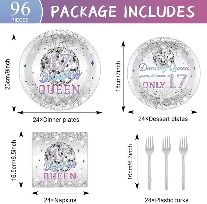 CHUNNIN 96Pcs Dancing Queen Plates and Napkins for 17 Birthday Party Decorations for Girls Silver 17 Year Old Dessert Plates Dancing Queen Tableware Set for 24 Guests 17 Birthday Party Supplies