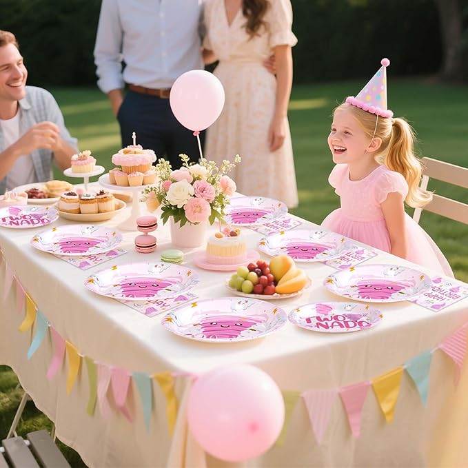 Grencian 96Pcs Two Nado Party Supplies Pink Tornado 2nd Birthday Plates and Napkins Tableware Sets Two Nado Party Decorations Favors for Girls Baby Shower 2 Year Old Birthday Supplies Serves 24