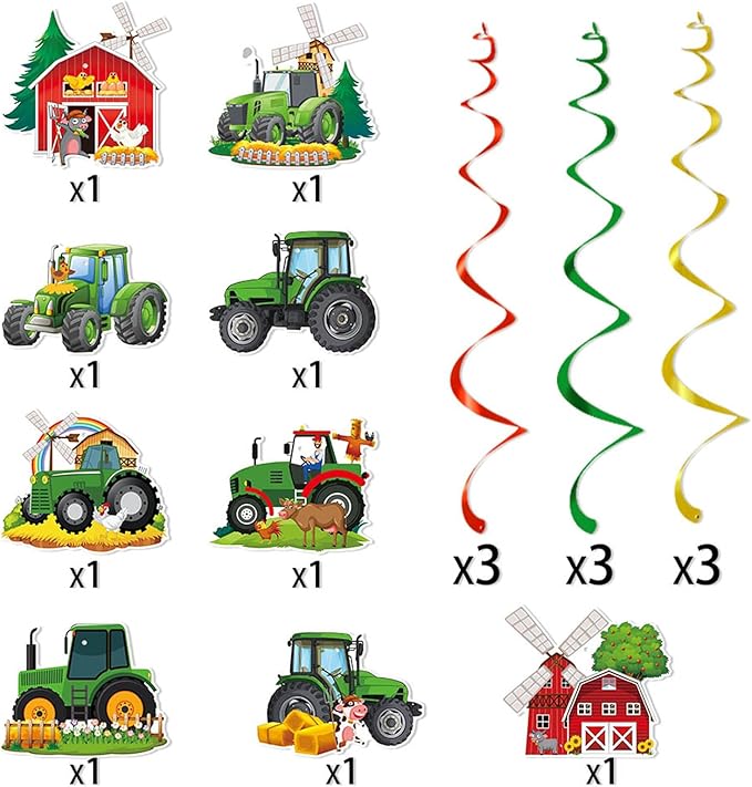 Zwiebeco Green Yellow Tractor Happy Birthday Banner Bunting Hanging Paper Swirls Garland Party Decorations for Farm Themed Baby Shower Kids Bday Decor Accessories Supplies