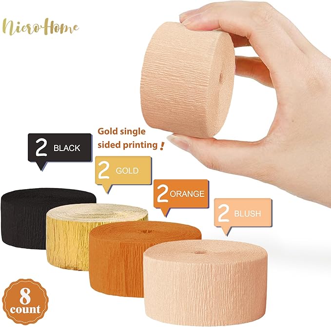 Thanksgiving Party Decorations, 8 Rolls Black Orange Gold Crepe Paper Streamers, Paper Tassels Party Streamer for Fall Autumn Thanksgiving Day Halloween Party Decoration