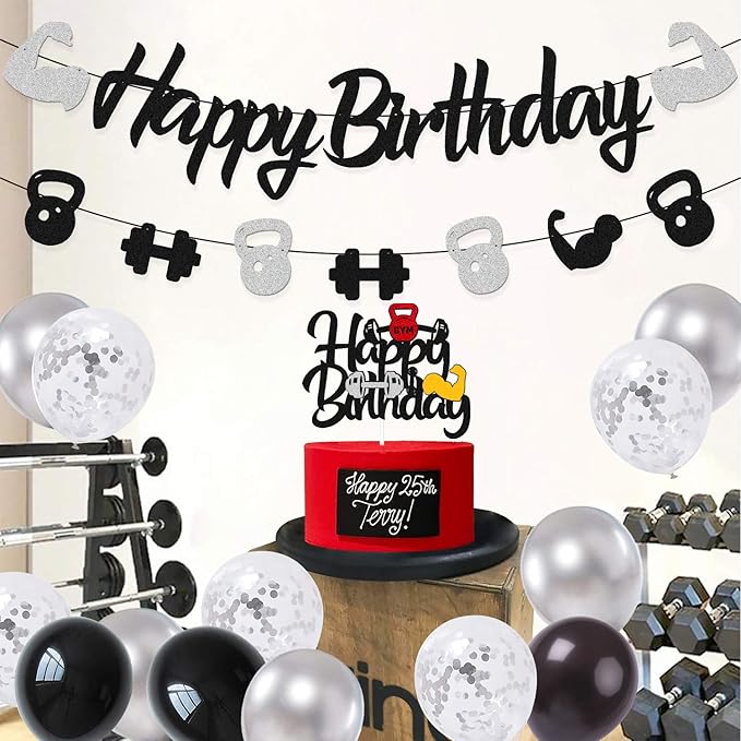Gym Birthday Decorations Weightlifting Happy Birthday Banner Cake Topper Black Gray Latex Balloons for Gym Weight Lifting Cross Fit Fitness Themed Bday Party Supplies