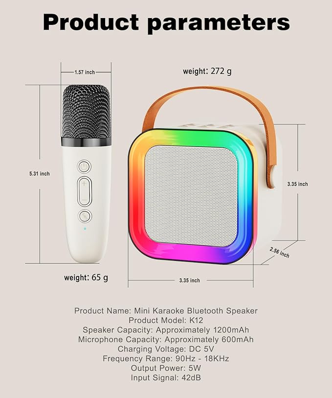 Mini Karaoke Machine Speaker for Kids Adults,Portable Bluetooth with 1-2 Wireless Microphones,Christmas Birthday Gifts Toys Girls Boys Ages 4, 5, 6,7, 8,9,10,11,12+ Years Old Toddler (Off-White -1Mic)