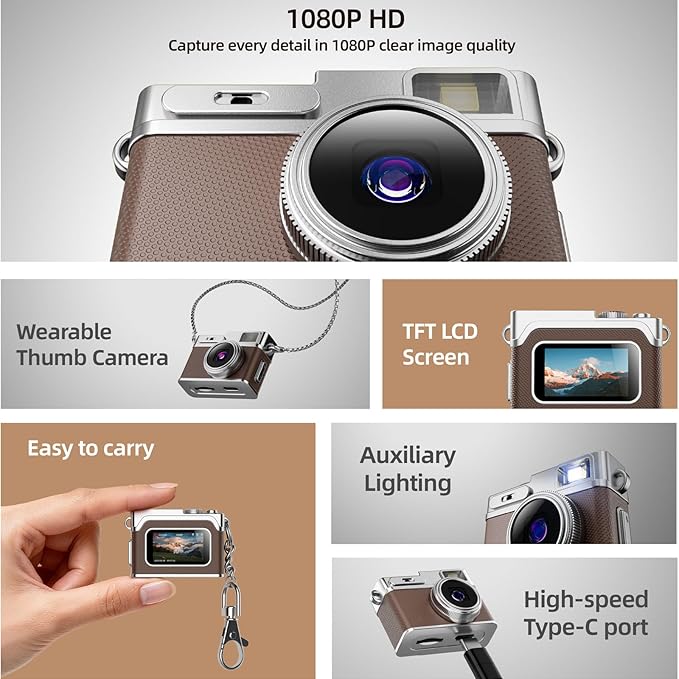 1080P HD Tiny Retro Keychain Digital Camera, with 32GB SD Card & OTG Adapter & Card Reader, 0.96" Screen Vintage Compact Micro Pocket Camera for Travel, Concert, Study Recording - (Silver)