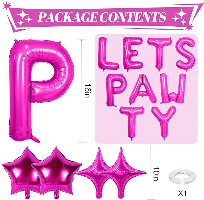 Lets Pawty Balloons Banner 16 Inch,Hot Pink Dog Birthday Decorations with 4pcs 10 Inch Star Balloons,Paw Foil Letter Balloon for Dogs Paw Pet Puppy Theme Party Supplies