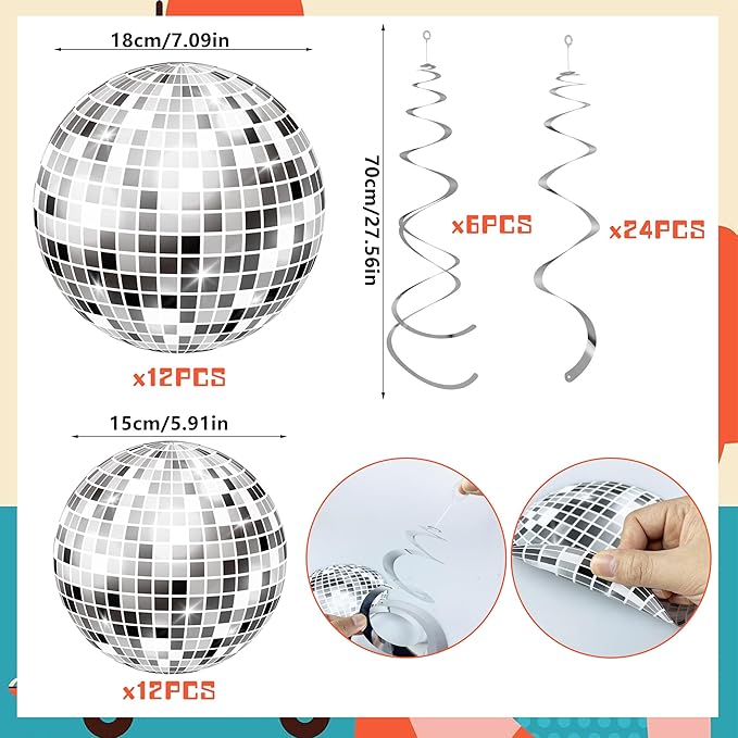 54 Pieces Disco Party Decorations Disco Ball Hanging Swirls 70s Party Hanging Swirls Ceiling Decor for Disco Fever Party 70s Hippie Birthday Party Favors Supplies