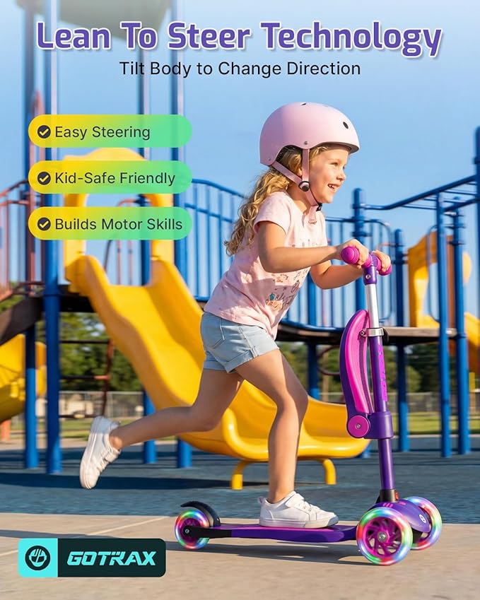 Gotrax KS3 Kids Kick Scooter, LED Lighted Wheels, Adjustable Height Handlebars and Removable Seat, Lean-to-Steer & Widen Anti-Slip Deck, 3 Wheel Scooter for Kids Ages 2-8 and up to 110 Lbs