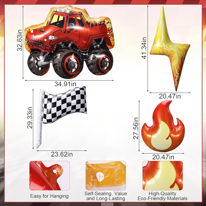 4 Pcs Truck Balloons, Huge Truck Flags Lightning Flame Aluminum Foil Balloons for Birthday, Baby Shower, Race Car Theme Party Decorations Supplies