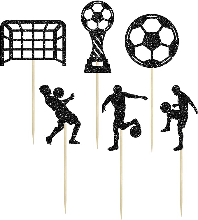 24Pcs Soccer Cupcake Toppers Glitter Soccer Ball Cupcake Picks Sport Cake Decorations Football Theme Birthday Party Baby Shower Kids Boys Men Birthday Party Favors Supplies Black