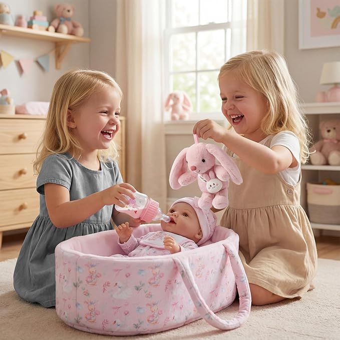 BABESIDE 8 Pcs Baby Doll Clothes Set with Bassinet for 12-15 Inch Dolls, Cute Bunny Baby Doll Clothes and Accessories with Bunny Toy, Feeding Bottle – Babydoll Accessories for Gilrs