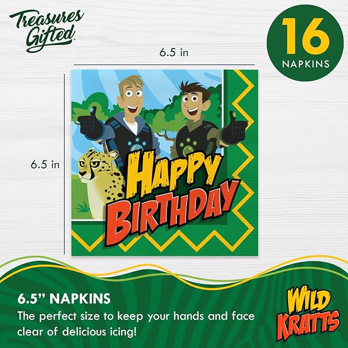 Treasures Gifted Officially Licensed Wild Kratts Birthday Party Supplies - Pack of 16 Napkins - Wild Kratts Party Supplies - Birthday Decorations - 6.5in x 6.5in Paper Napkins