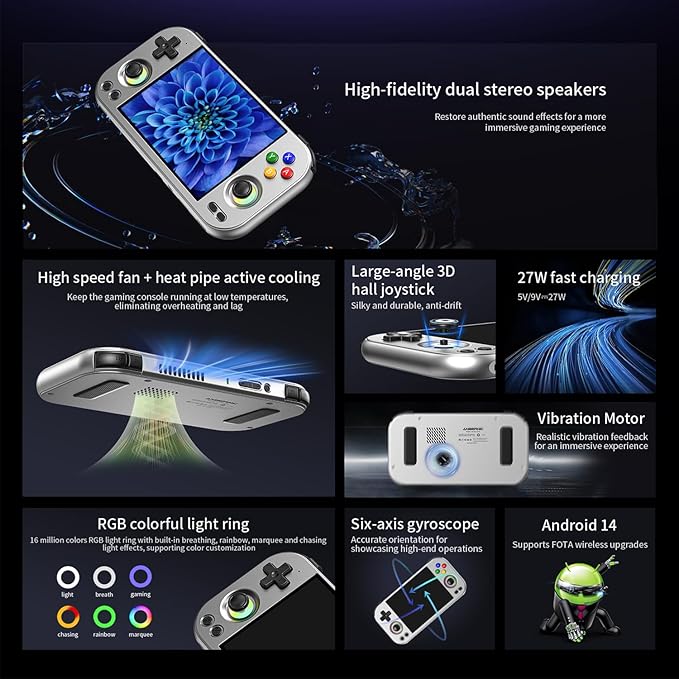 ANBERNIC RG477M Retro Handheld Game Console , Aluminum Alloy CNC Android 14 System 4.7 Inch LTPS in-Cell Touch Screen Dimensity 8300 Processor Support WiFi 6E Bluetooth 5.3(Silver)