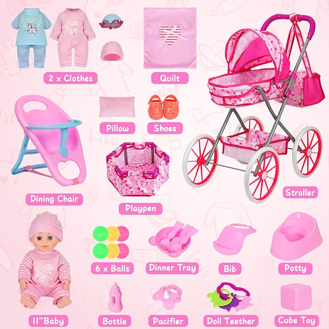 Unicorn Baby Doll Stroller Set with 11'' Baby Doll, Foldable Doll Stroller, Playpen, Dining Chair and 24 PCS Baby Doll Accessories, Doll Playset Toy for Girls Toddlers 3-5 4-6 Birthday Gifts