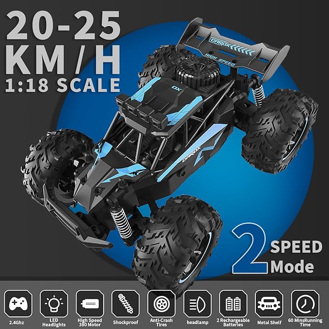 Carox Remote Control Car, 2.4GHz 25KM/H High Speed RC Car, 1:18 Off-Road Monster Truck with LED Lights and 1800mAh Rechargeable Battery – Ideal Gift for Boys 6+