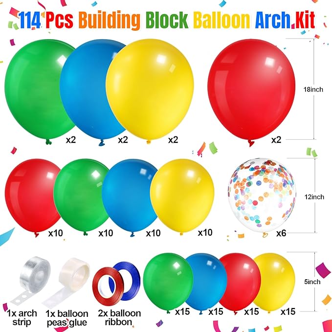 Blosssound Building Block Birthday Party Decorations Color Block Backdrop Banner Decor 114 Pcs Brick Theme Balloons Arch Kit for Men Women Building Party Favors Supplies