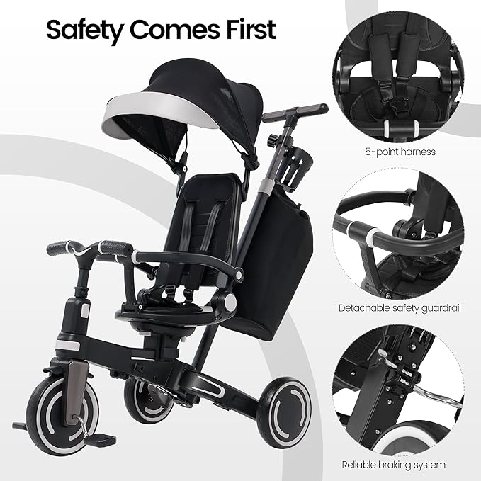 Aneco 9-in-1 Multi-functional Baby Tricycle for Toddlers 10 Months-3 Years with Removable Canopy Rotatable Seat Safety Harness Wheel Brake Adjustable Push Handle Storage Bag Cup Holder, Black and Gray