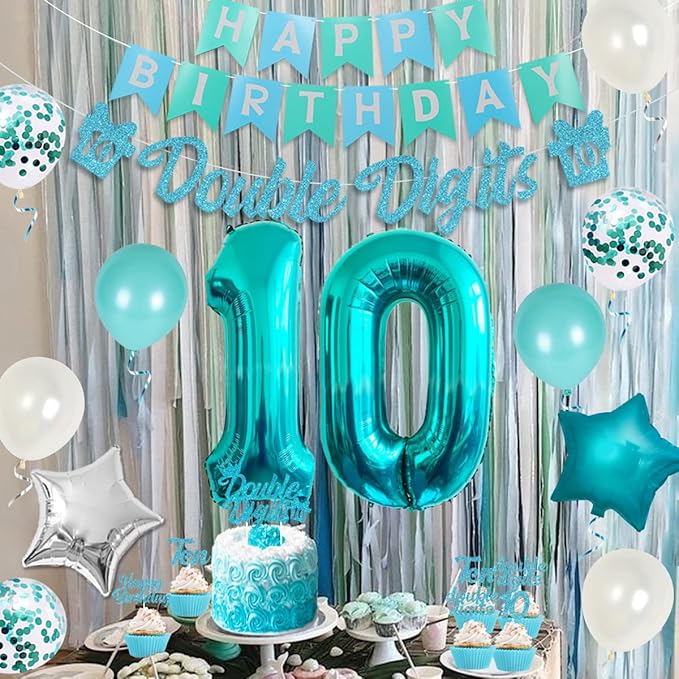 10th Birthday Decorations for Girls Teal, Double Digits Party Supplies Turquoise Banner Cake & Cupcake Toppers Number 10 Helium Balloon Star Foil Balloon for 10 Year Old Girl Party Decorations