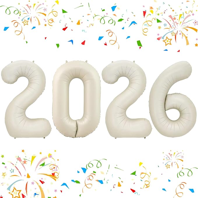 KALOR 42 Inch 2026 Cream White Foil Mylar Number Balloons, 2026 New Years Decorations for 2026 Happy New Year Eve and Graduations Party Supplies