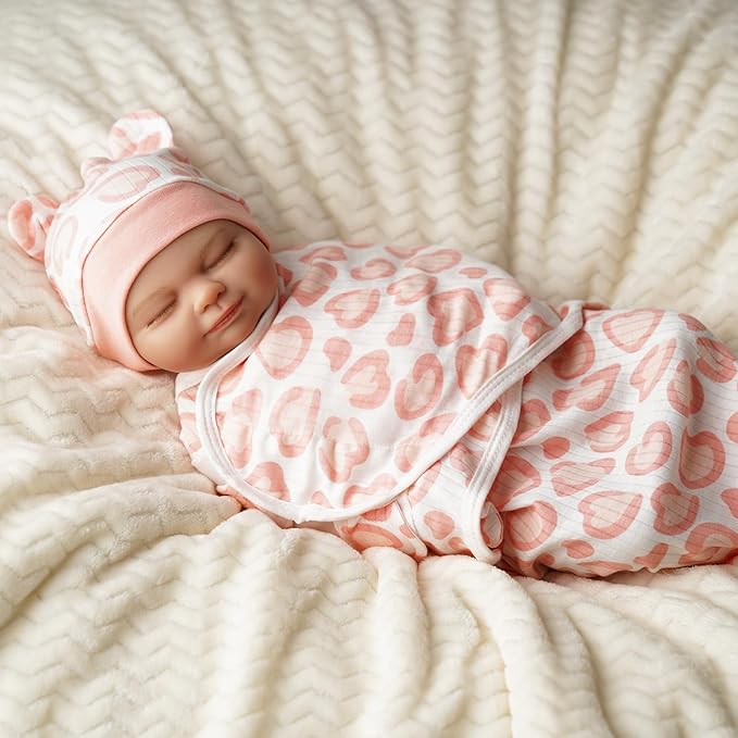 BABESIDE 2 Sets of Reborn Baby Doll Blankets with Hats for 17-24 Inch Babydolls, Reborn Baby Doll Accessories Set Babydolls Swaddle Blankets for Realistic Dolls Girl, Pink & Purple