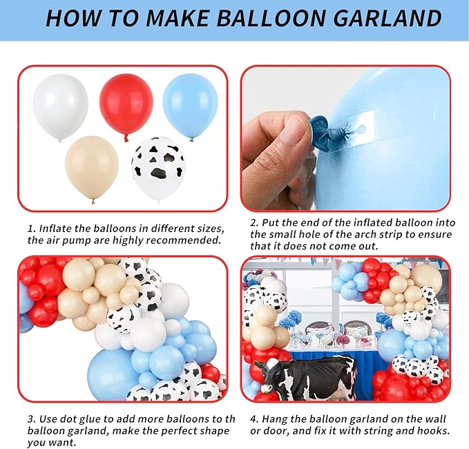 Farm Animal Theme Balloon Garland Arch Kit Red Blue White Latex Balloons Garland with Cow Print Balloons for Kid Barn Yard Farmhouse Country Western Cowboy Birthday Party Supplies Decoration
