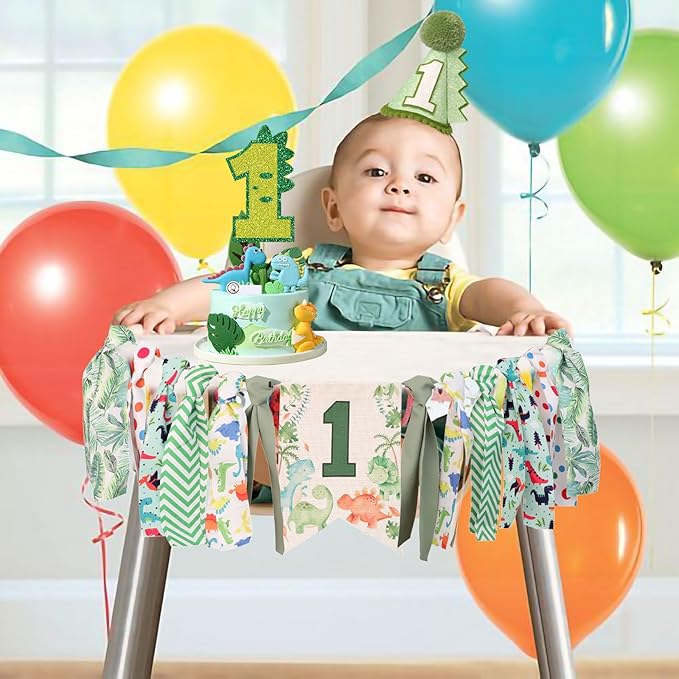 Dinosaur Theme 1st Highchair Banner Tassel Garland Dino Conical Cap Cake Topper Green First Dinosaur Birthday Decorations
