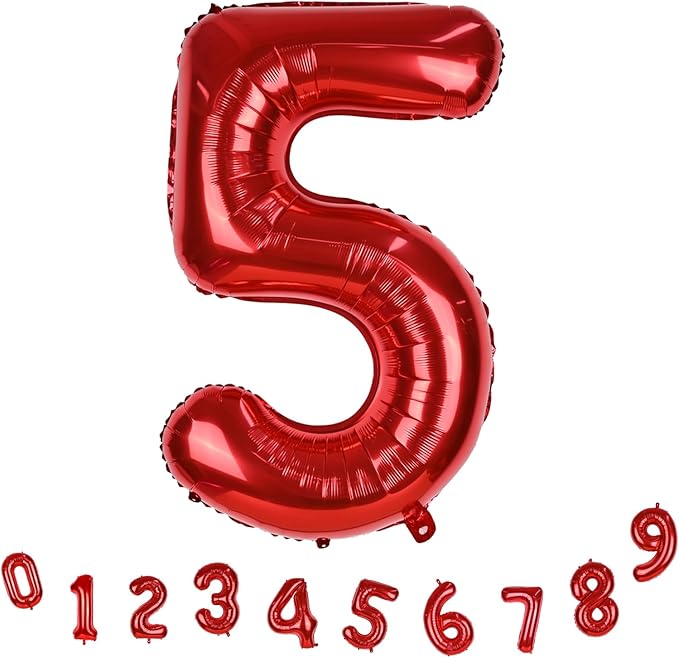 40 Inch Red Number Balloons, Giant Foil Number 5 Balloons for Girls Boys 5th Birthday, 0-9 Set Balloon for Women Men 25th Birtyday Party Decoration Christmas Anniversary Graduation Decoration Supplies