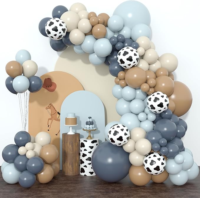 Amandir 153pcs Cowboy Balloon Arch Garland Kit, Different Sizes 18 12 10 5inch Dusty Blue Brown Sand White Cow Print Balloons for Cowboy Shower Rodeo Farm Western Theme Birthday Party Decoration