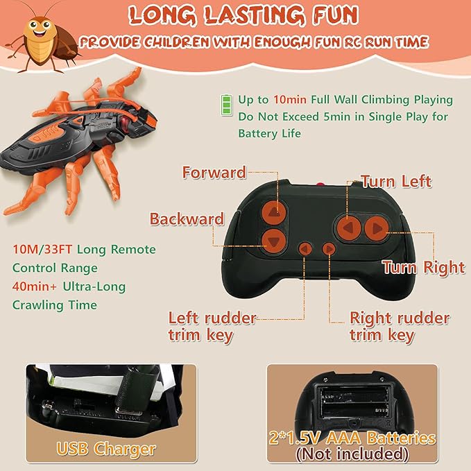 Wall Crawler Cockroach RC Toy, Creepy Crawly Remote Control Robot for Kids, Climbs Walls, STEM Toys Halloween Birthday Gift for Boys Girls Ages 6-12 with LED Eyes