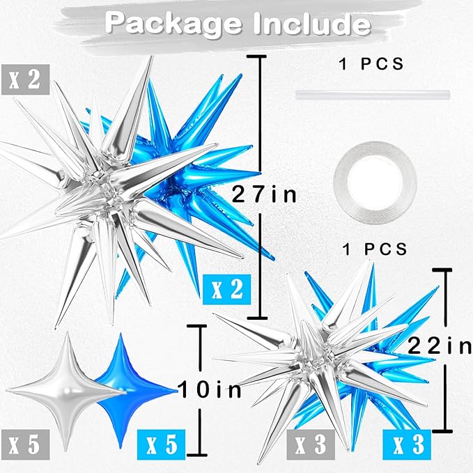 20 Pcs 27'22'Explosion Star Foil Balloons - 12 Point, Spike and Four Pointed Star Balloons for Party Supplies - Christmas, Birthday, Wedding & Photo Booth (Silver Blue)