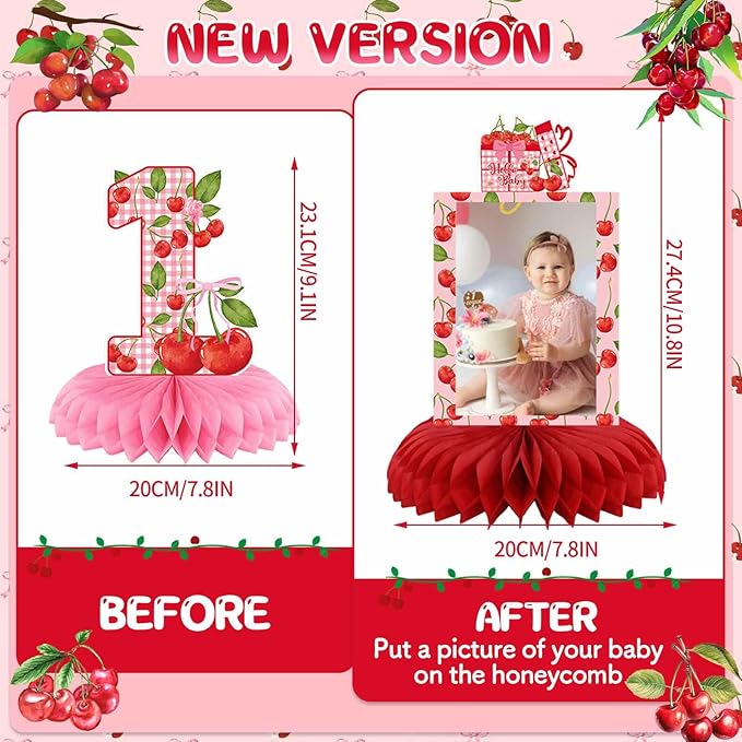 Cherry Birthday Decorations, Cherry Sweet One Party Decorations Honeycomb Centerpiece for Table, Cherries Photo Table Centerpiece for Fruit Girl Birthday Party Decor Supplies