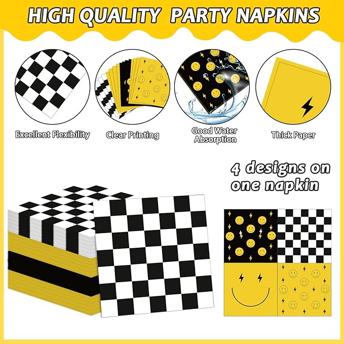 96Pcs Smile Face Birthday Party Decorations One Happy Dude Yellow Smile Face Paper Plates Napkins Lightning Star Checkered Tableware Dinnerware Supplies for Birthday Baby Shower Wedding Party Favors