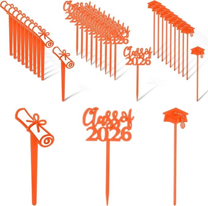 Boao 90 Pieces Class of 2026 Theme Graduation Cake Topper Plastic Cupcake Picks Graduation Cupcake Decorations for Party Supplies and Favors, 3 Styles(Brunt Orange)