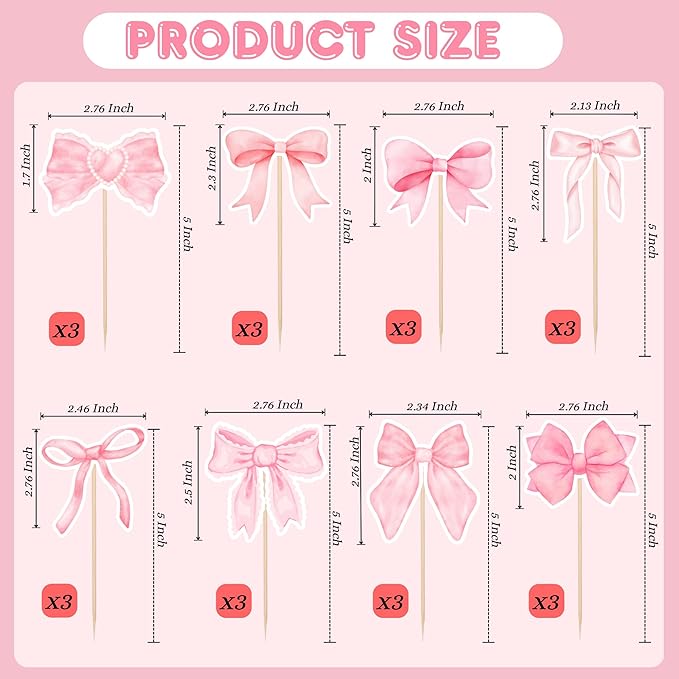 24PCS Coquette Bow Cupcake Toppers, Pink Bows Coquette Birthday Cake Decorations for Bachelorette Bridal Engagement Wedding Girl Baby Shower Bow Theme Party Décor