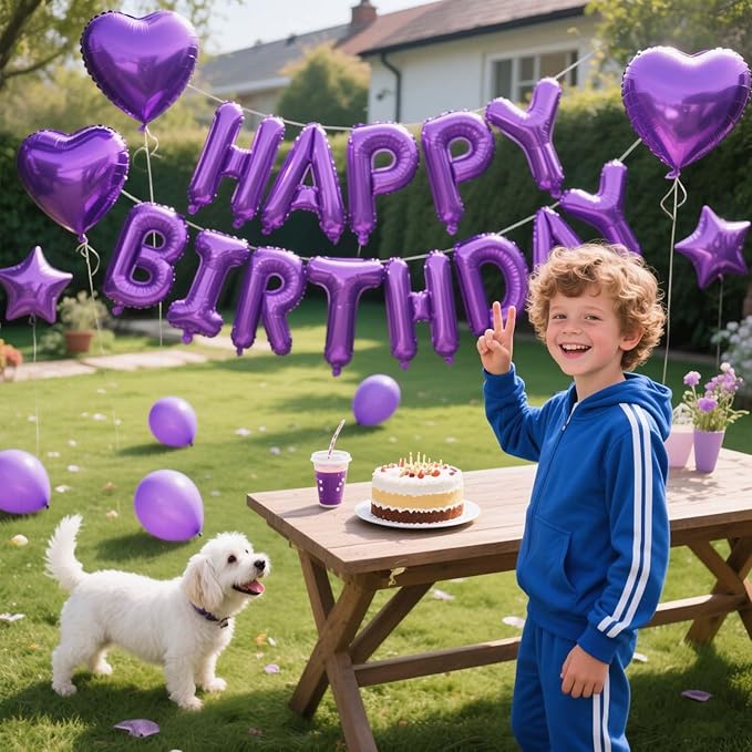 27 Pcs Purple Birthday Decorations, 3D Letters Dark Purple Happy Birthday Balloon Banner, Pentagram Heart Foil Balloons Confetti Balloons Kit For Boys Girls Party Supplies